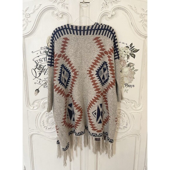 Oceanus Tribal Fringe Cardigan Sweater Women's Large Open Front Boho Aztec Knit - Picture 7 of 13